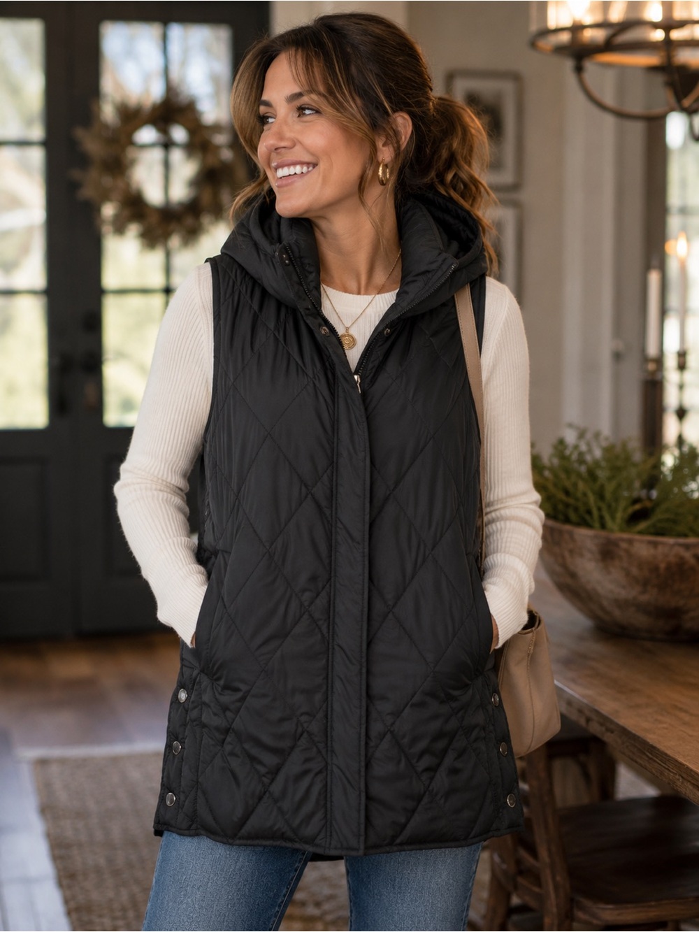Moffi Black Diamond Quilted Long Hooded Vest Sleeveless Puffer Side Snaps M